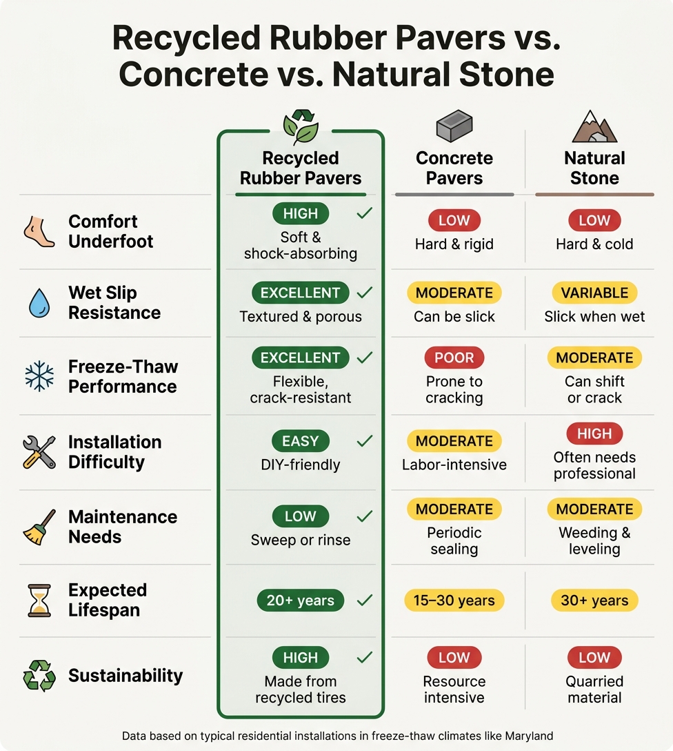 Recycled Rubber Pavers vs. Concrete vs. Natural Stone: Full Comparison