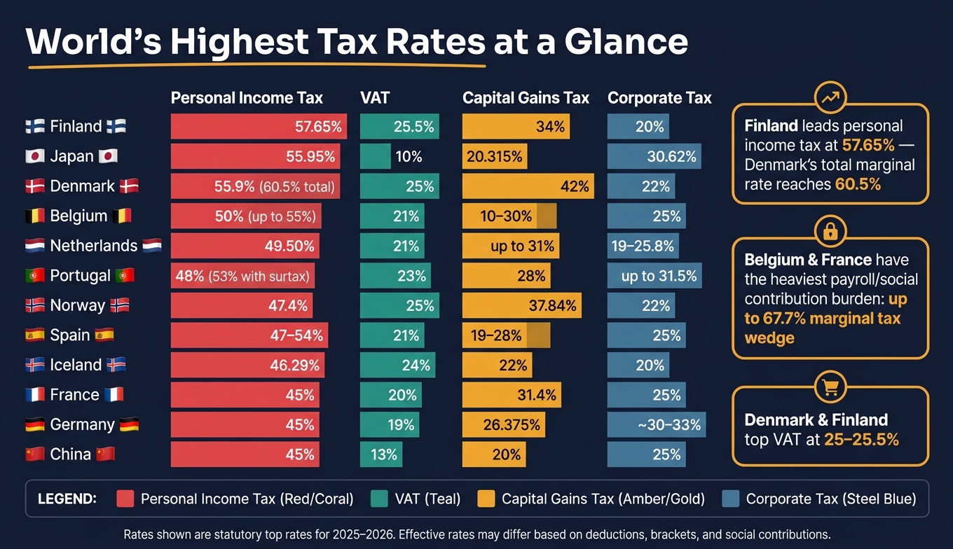 Highest Tax Rates by Country: Income, VAT & Capital Gains Compared