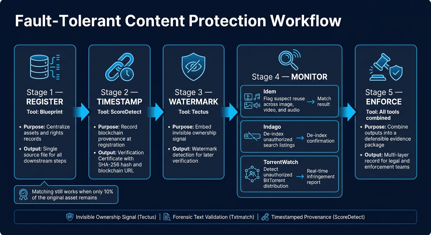 Fault-Tolerant Content Protection Workflow: Register to Enforce