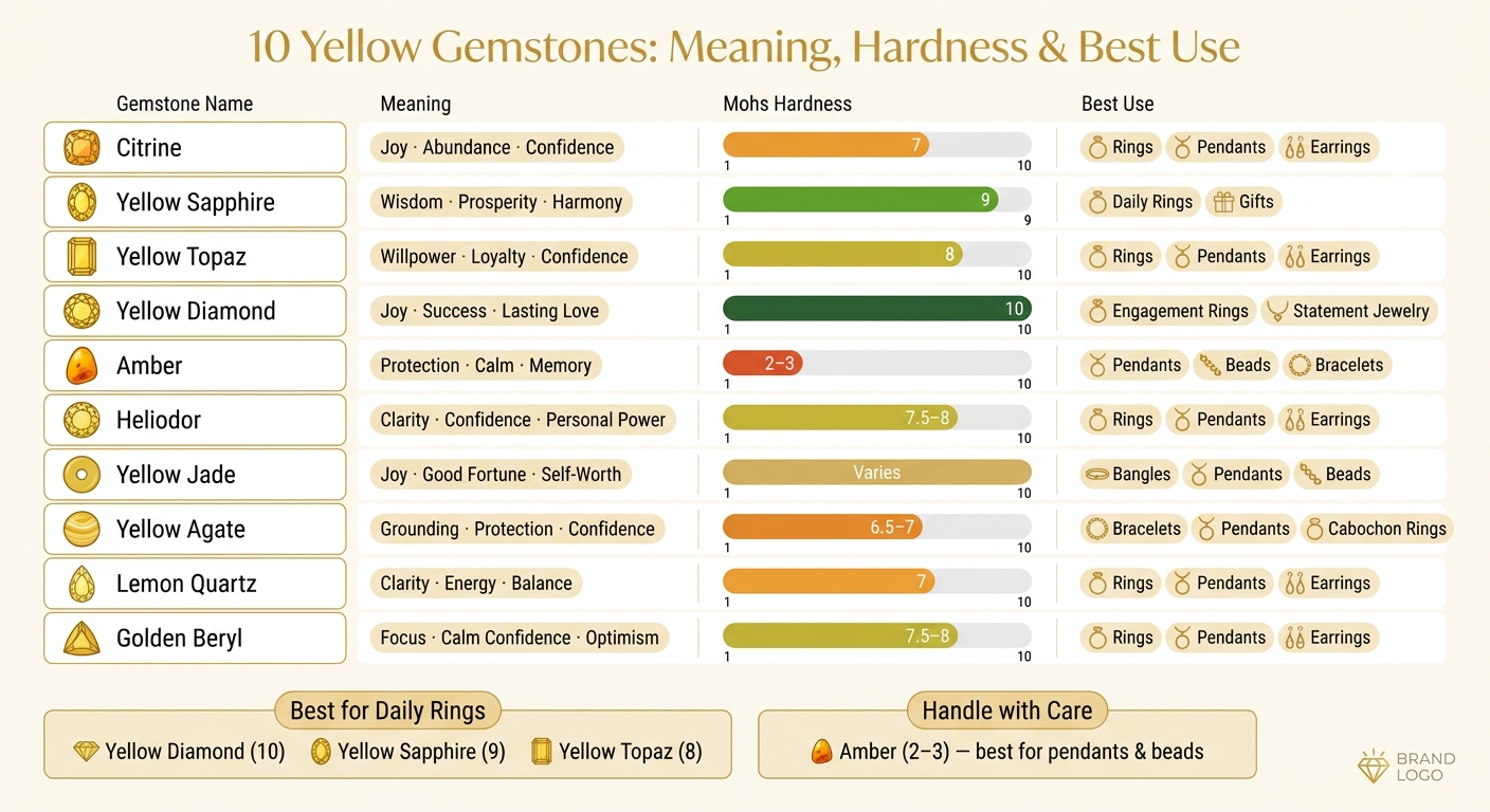 10 Yellow Gemstones Compared: Meaning, Hardness & Best Use