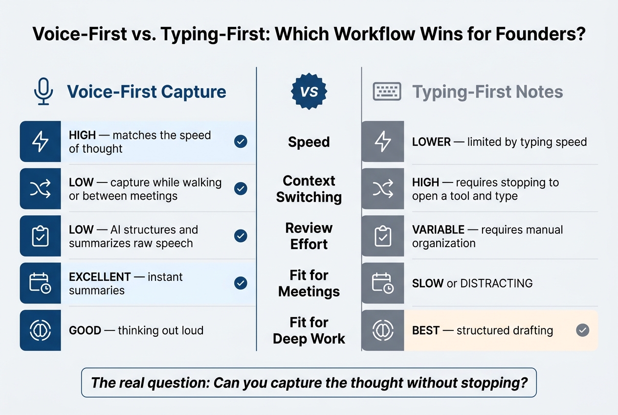 Voice-First vs. Typing-First Notes: Founder Workflow Comparison