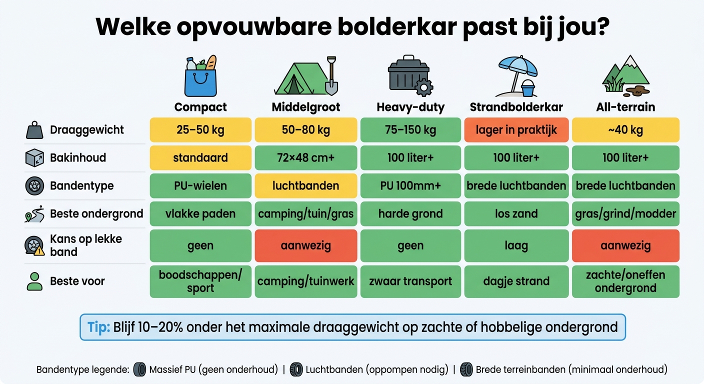 Opvouwbare Bolderkar Vergelijking: Types, Draaggewicht & Banden