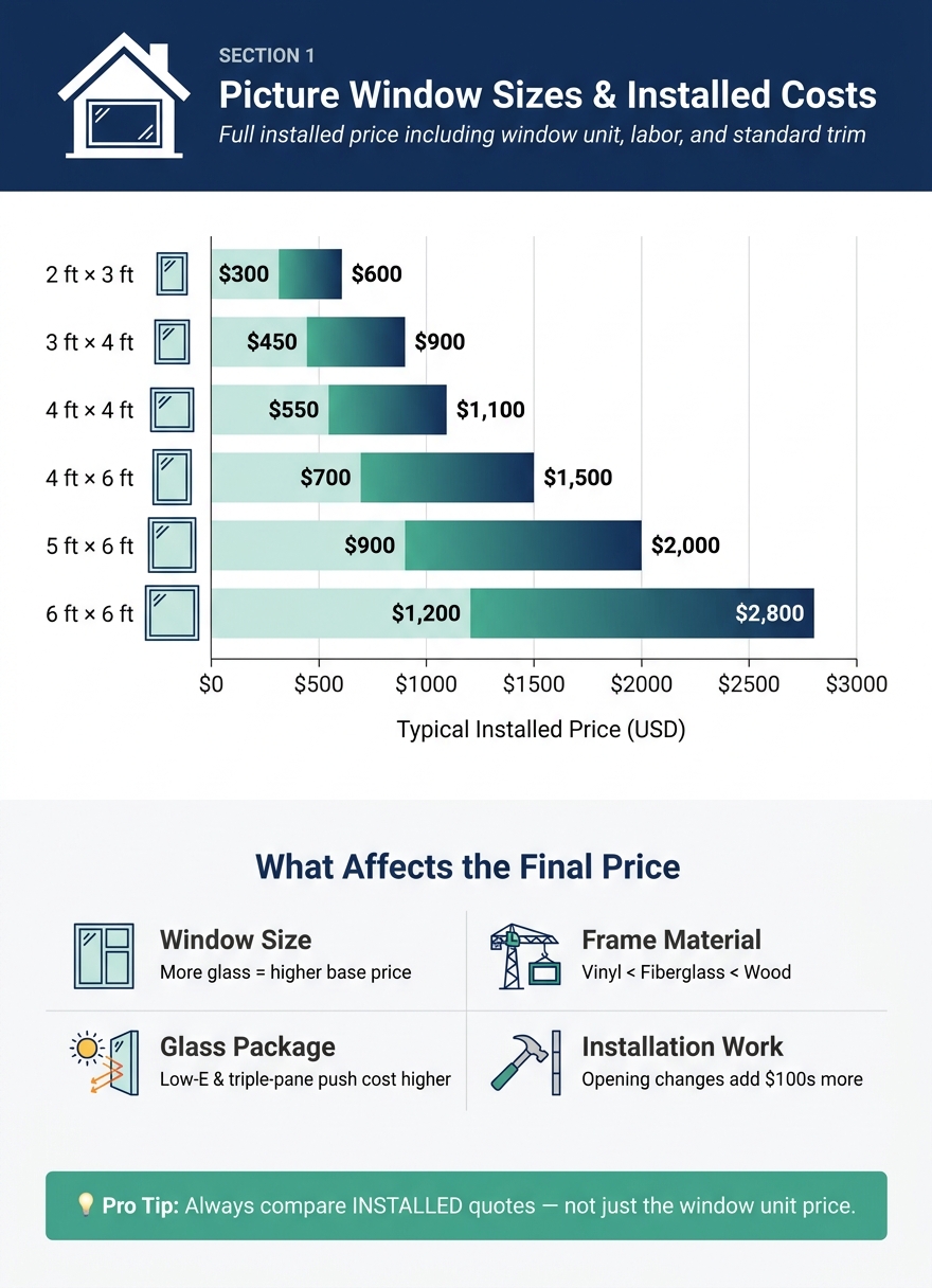 Picture Window Sizes and Installed Costs at a Glance