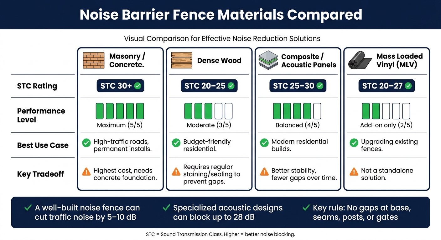 Noise Barrier Fence Materials Compared: STC Ratings & Key Tradeoffs