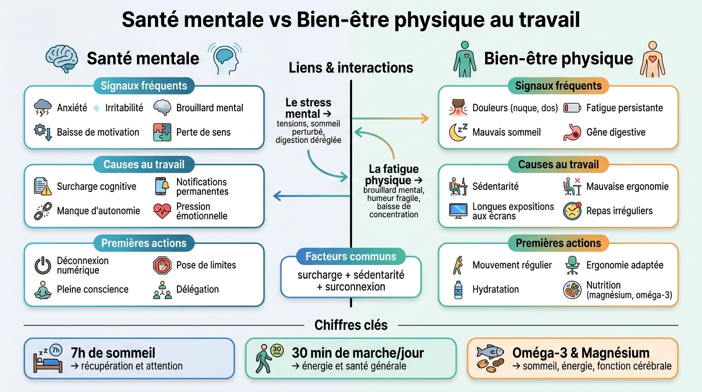 Santé mentale vs bien-être physique : signaux, causes et solutions au travail