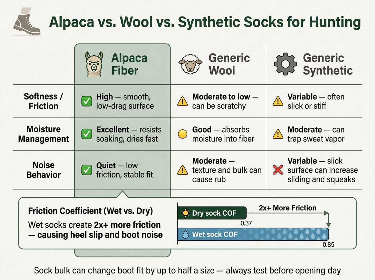Alpaca vs. Wool vs. Synthetic Socks for Hunting: Noise, Moisture & Fit