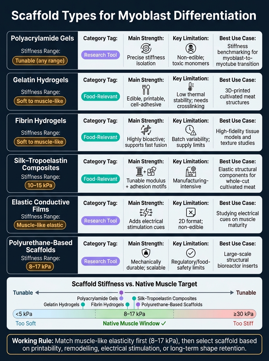 Scaffold Types for Myoblast Differentiation: Stiffness, Bioactivity & Food Relevance