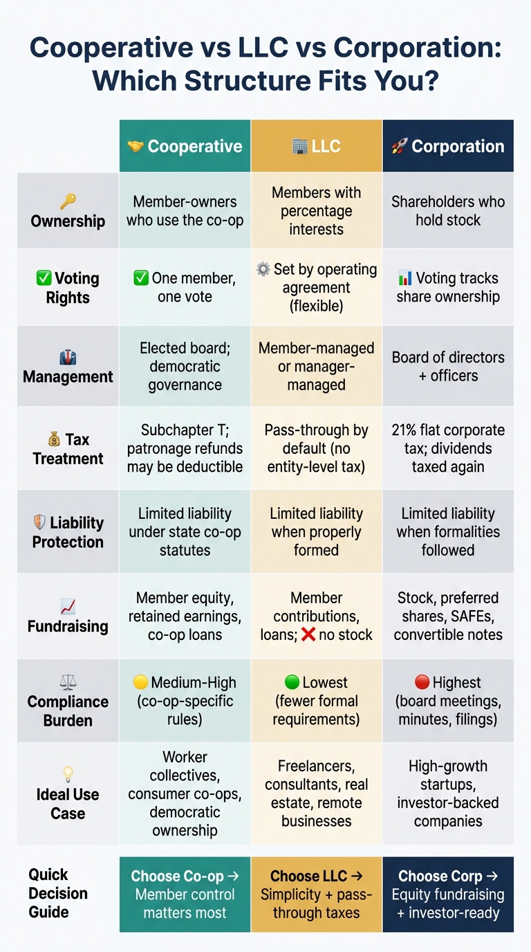 Cooperative vs LLC vs Corporation: Side-by-Side Comparison