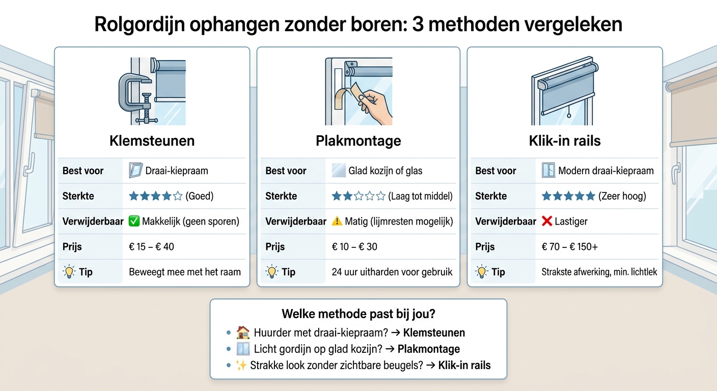 Rolgordijn zonder boren: 3 methoden vergeleken
