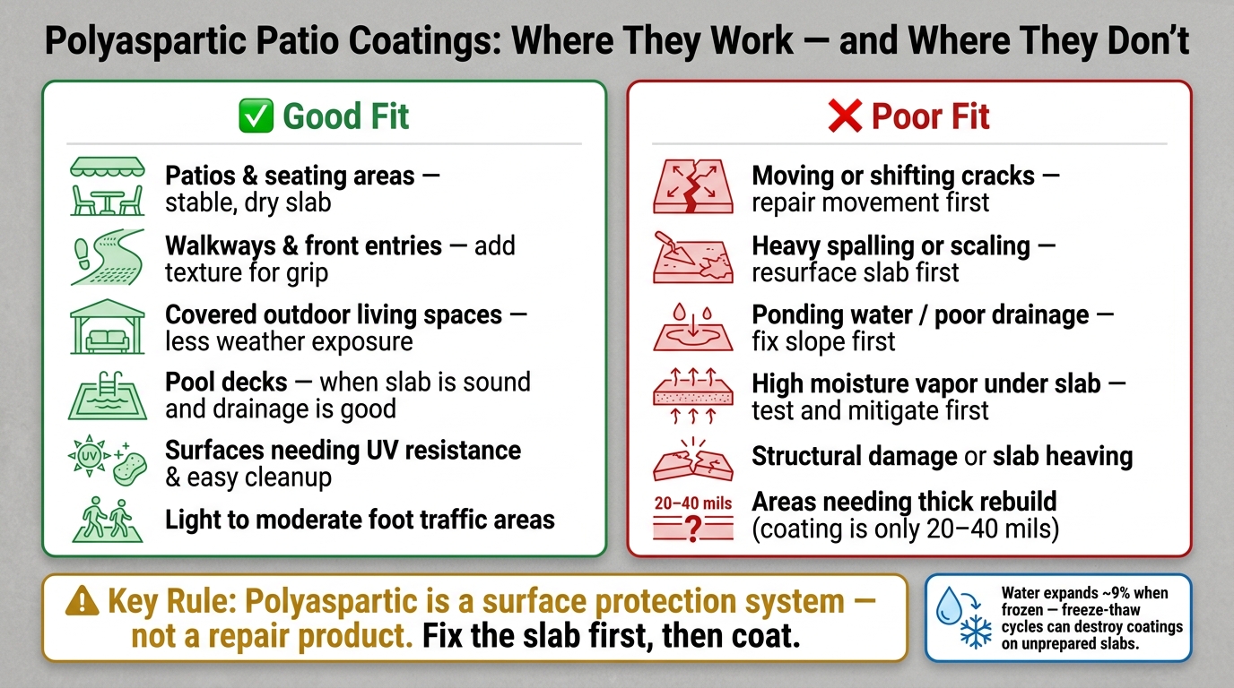 Polyaspartic Patio Coatings: Uses And Limits 1 Polyaspartic Patio Coatings: Best Fits Vs. Poor Fits At A Glance