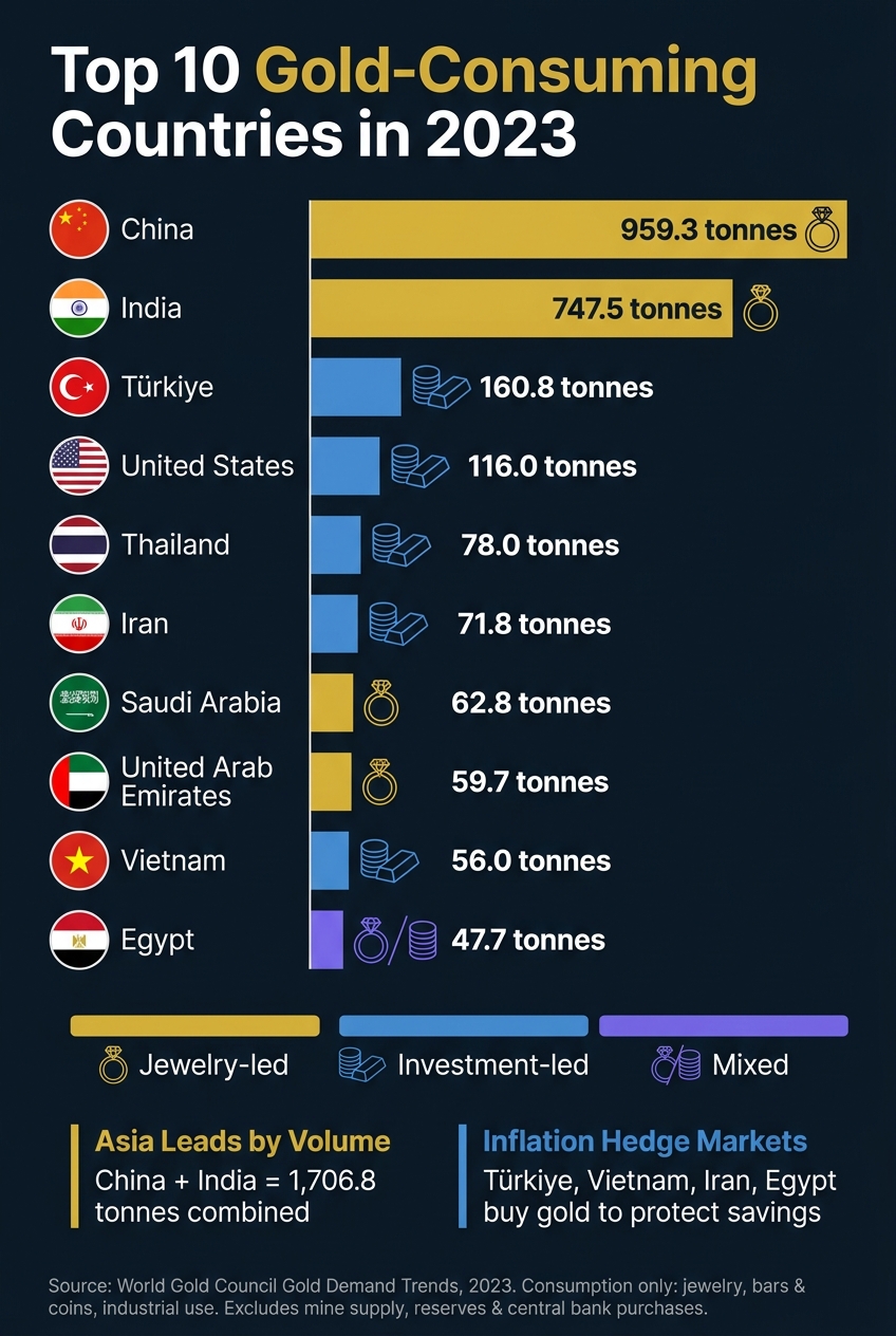 Top 10 Gold-Consuming Countries in 2023: Demand by Volume & Pattern