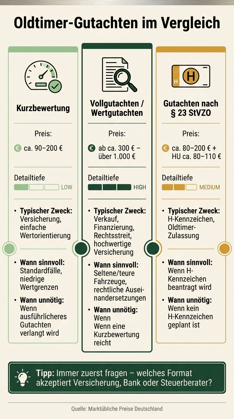 Oldtimer-Gutachten im Vergleich: Typen, Kosten & Einsatzbereiche