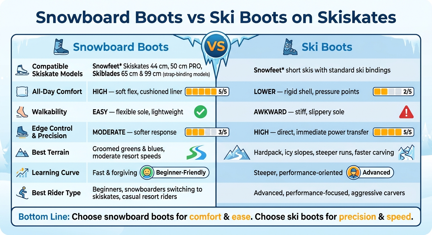Snowboard Boots vs Ski Boots on Skiskates: Full Comparison