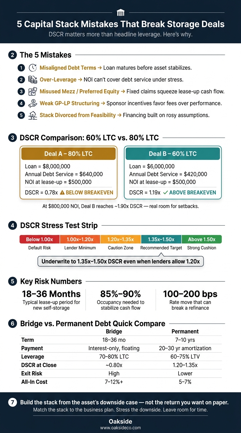 Capital Stack Mistakes in Storage Deals: DSCR & Leverage at a Glance