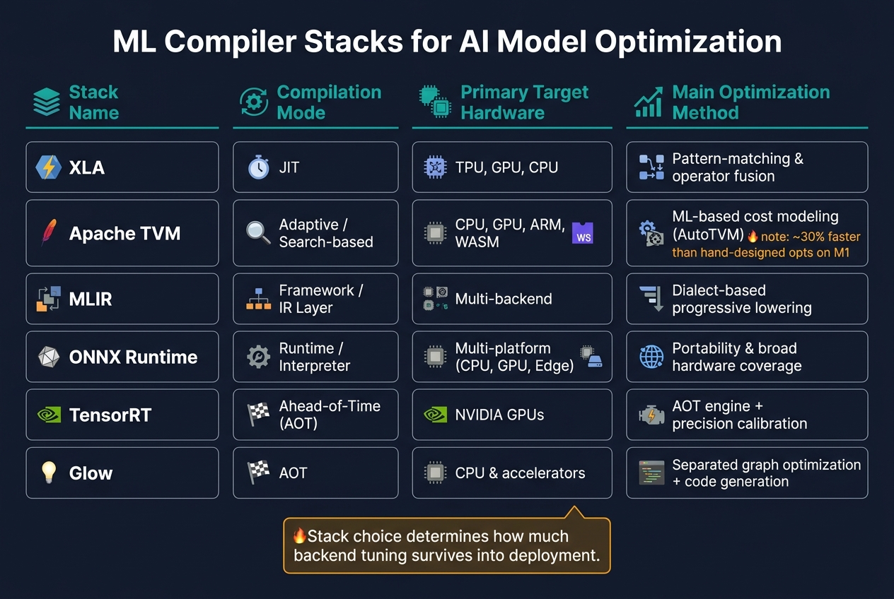 ML Compiler Stacks Compared: XLA vs TVM vs MLIR vs ONNX Runtime vs TensorRT vs Glow