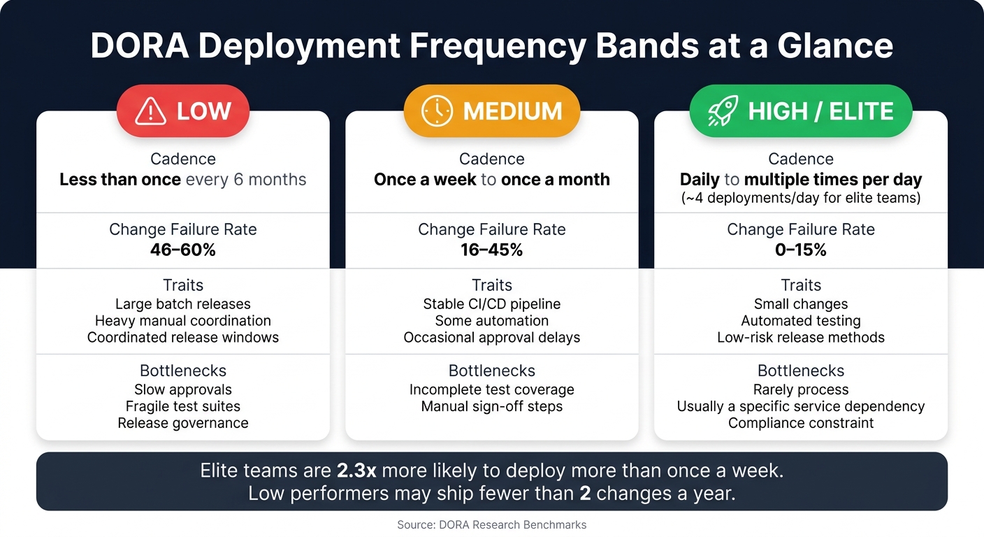DORA Deployment Frequency Bands: Low vs Medium vs High Performers
