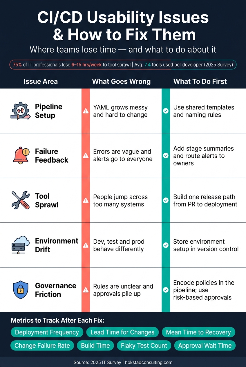 CI/CD Usability Issues: Problems vs. Fixes at a Glance
