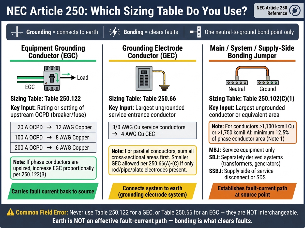 NEC Article 250: GEC vs EGC vs Bonding Jumper Sizing Guide