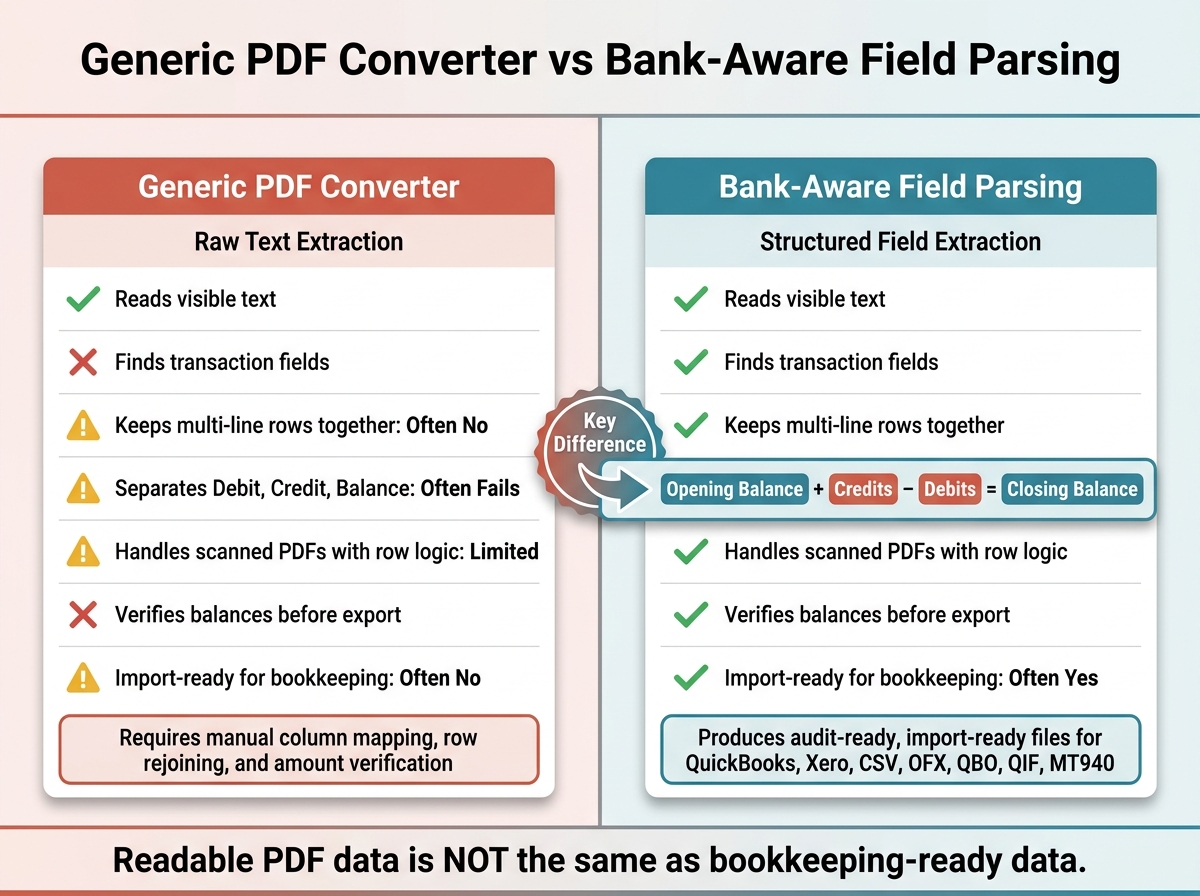 Generic PDF Converter vs Bank-Aware Parser: Bookkeeping Readiness at a Glance