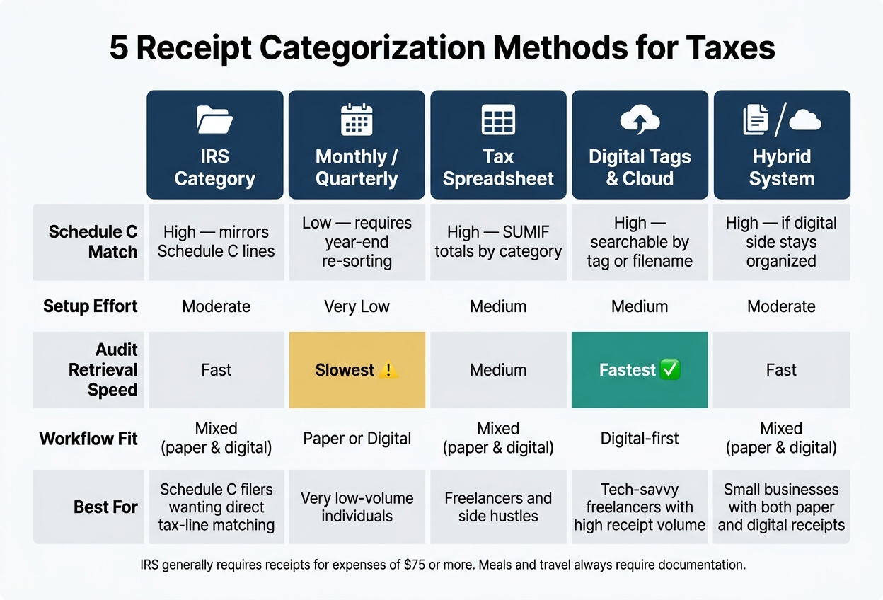 5 Receipt Categorization Methods for Taxes: Side-by-Side Comparison
