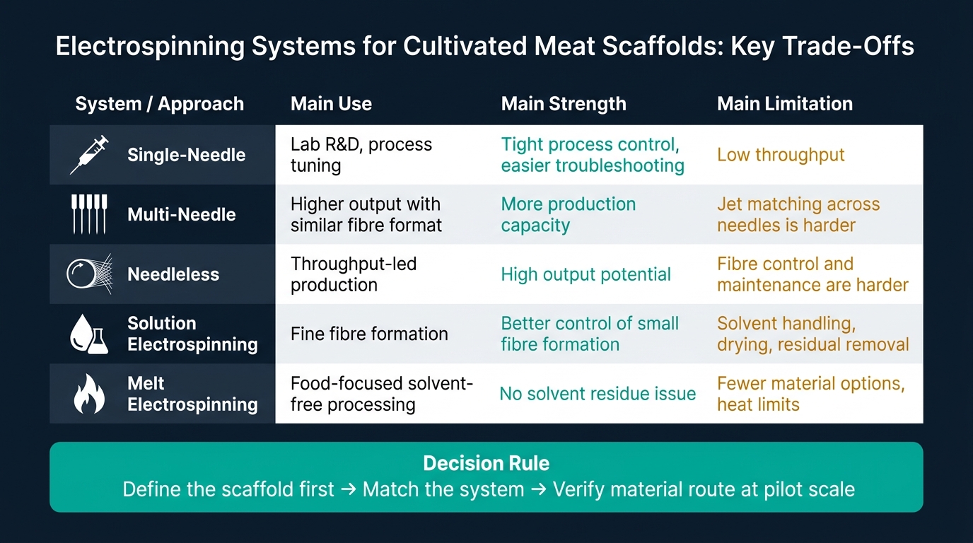 Electrospinning Systems for Cultivated Meat: Key Trade-Offs at a Glance