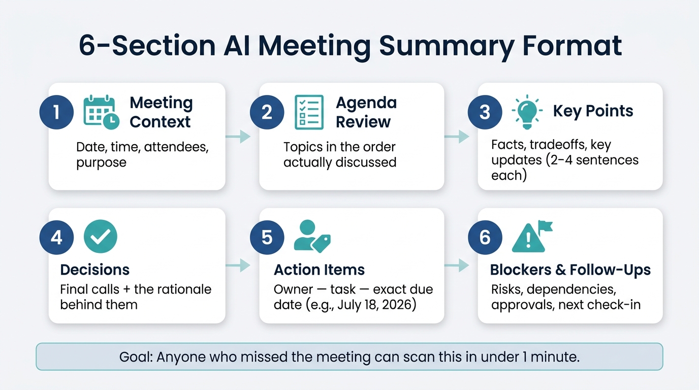 6-Section AI Meeting Summary Format: Structure Every Summary Should Follow