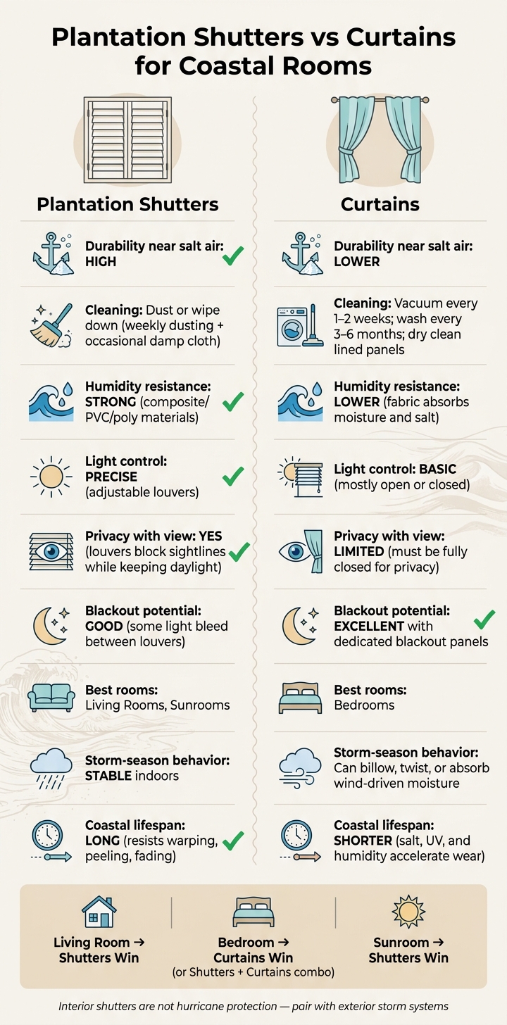 Plantation Shutters vs Curtains for Coastal Rooms: Side-by-Side Comparison