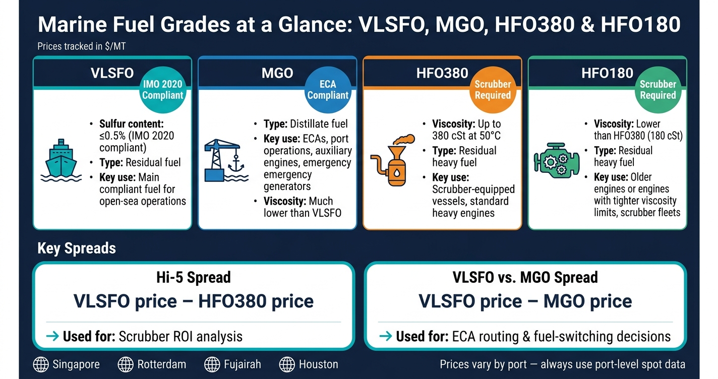 Marine Fuel Grades Compared: VLSFO, MGO, HFO380 & HFO180