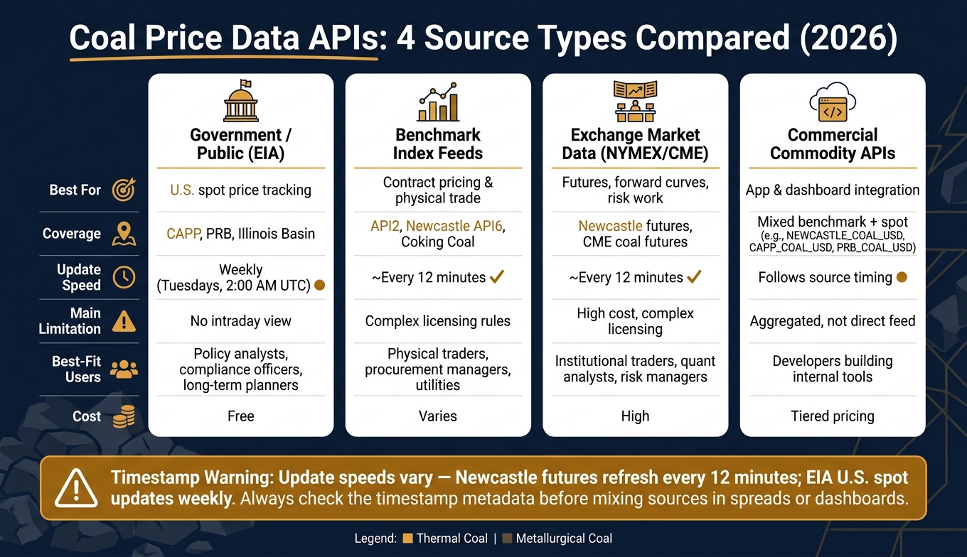 Coal Price Data APIs Compared: Source Types, Coverage & Update Speed (2026)