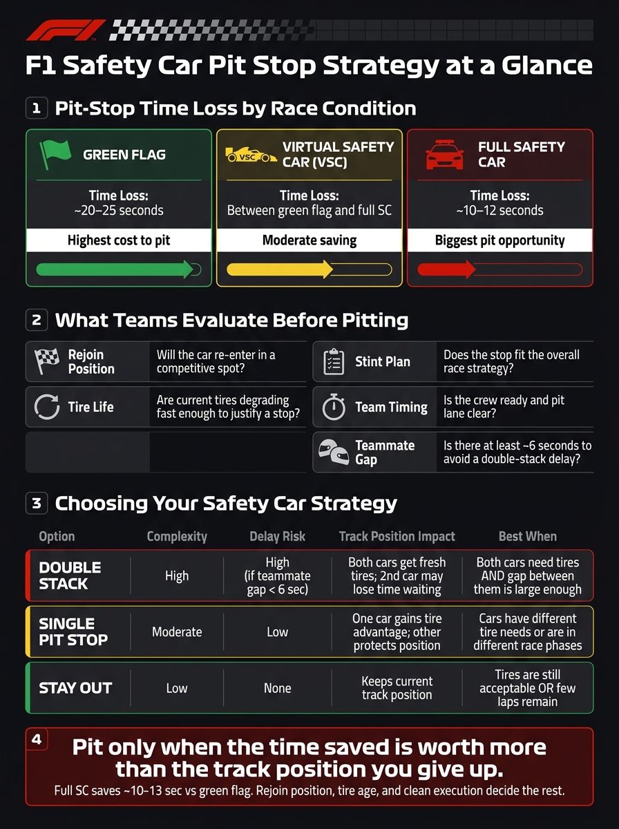 F1 Safety Car Pit Stop Strategy: Full SC vs VSC vs Green Flag