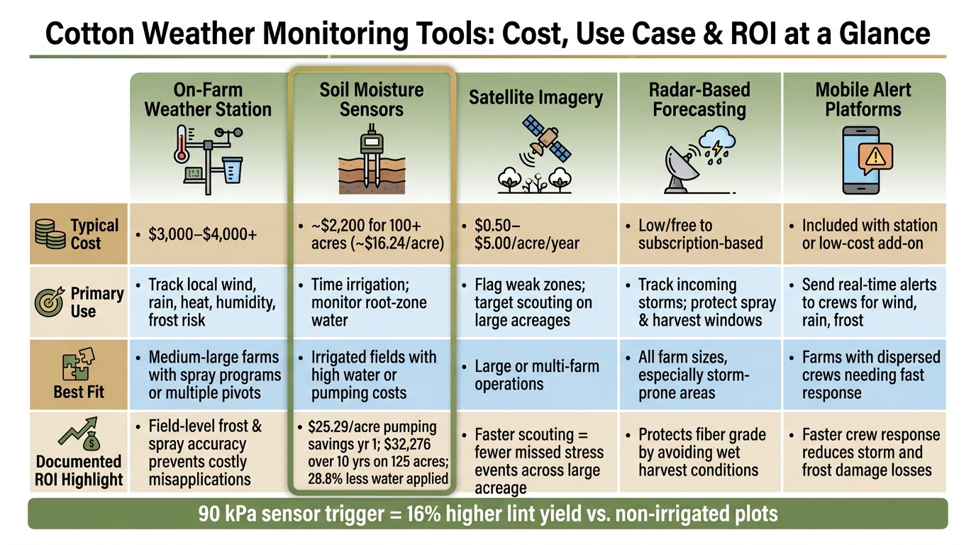 Cotton Weather Monitoring Tools: Cost, Use Case & ROI Comparison