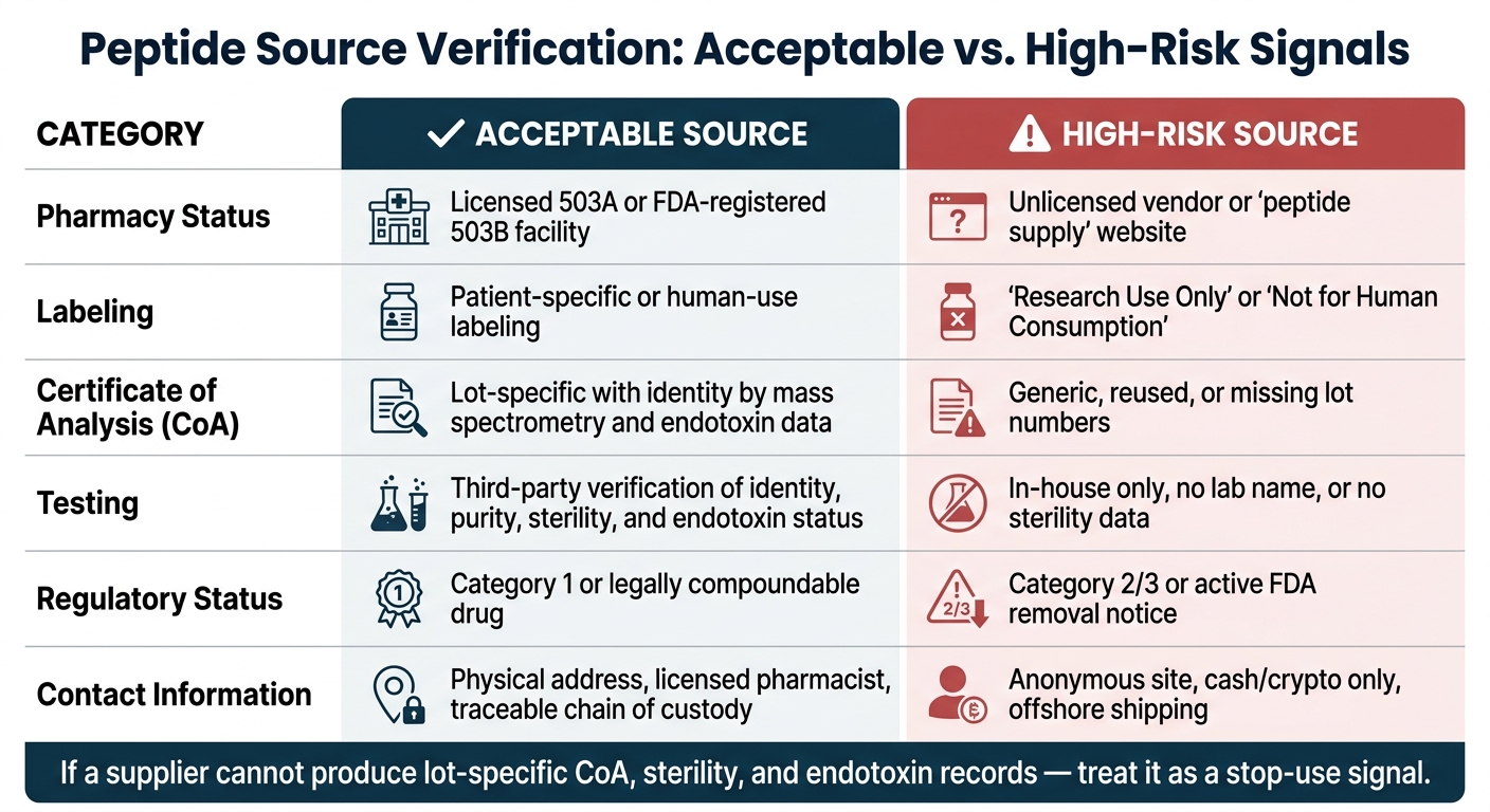 Counterfeit Peptide Source Red Flags vs. Safe Sourcing Signals for Prescribers