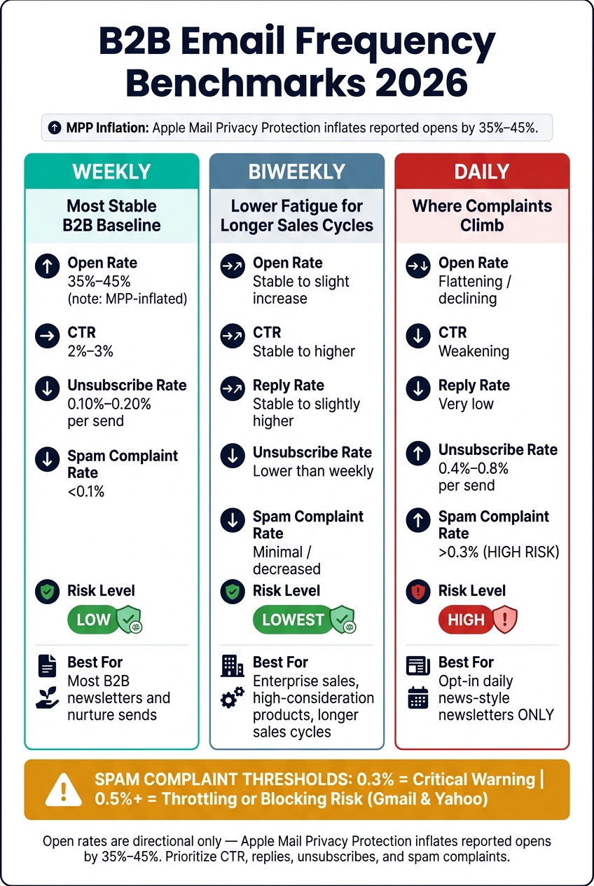 B2B Email Frequency Benchmarks 2026: Engagement & Risk by Send Cadence