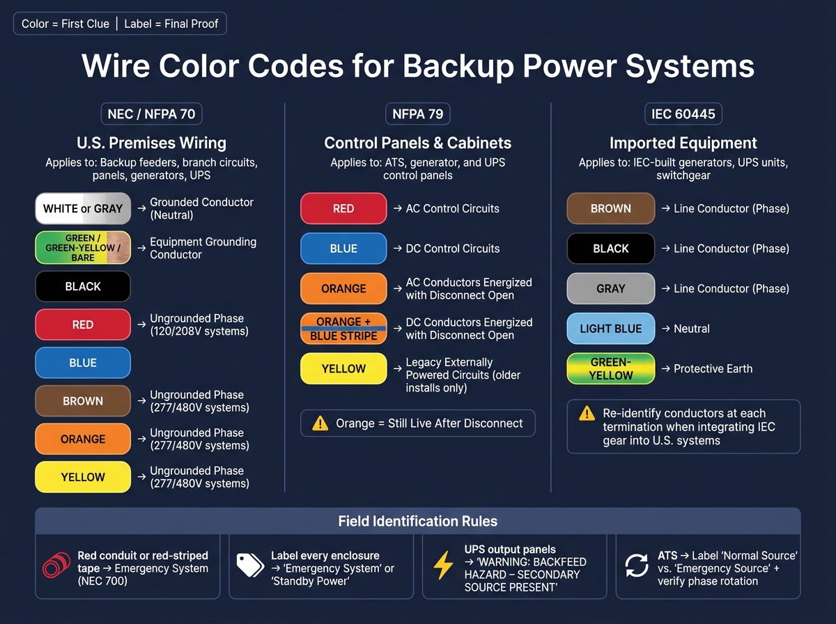 Wire Color Codes for Backup Power Systems: NEC, NFPA 79 & IEC 60445 Guide