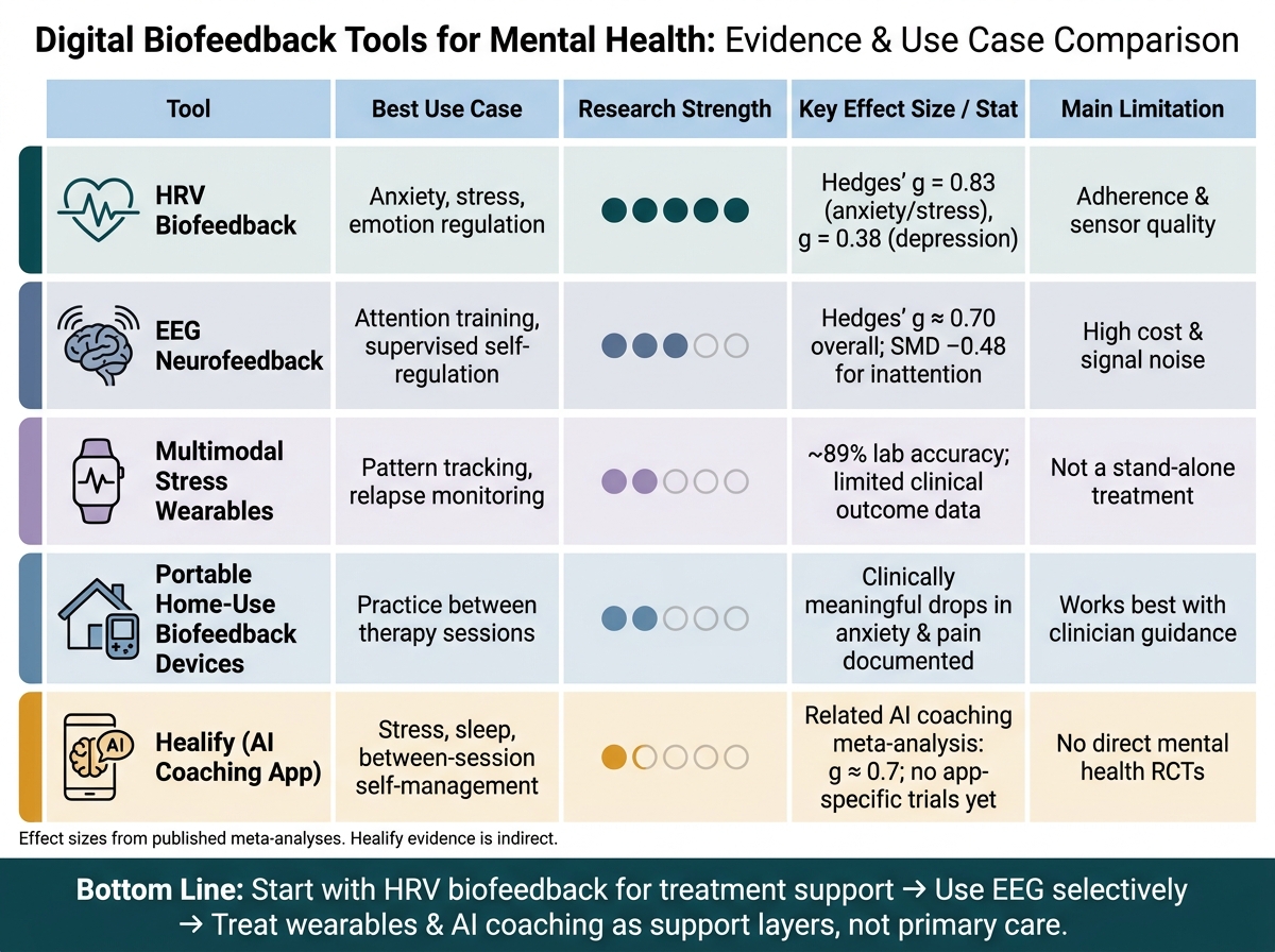 Digital Biofeedback Tools for Mental Health: Evidence & Use Case Comparison