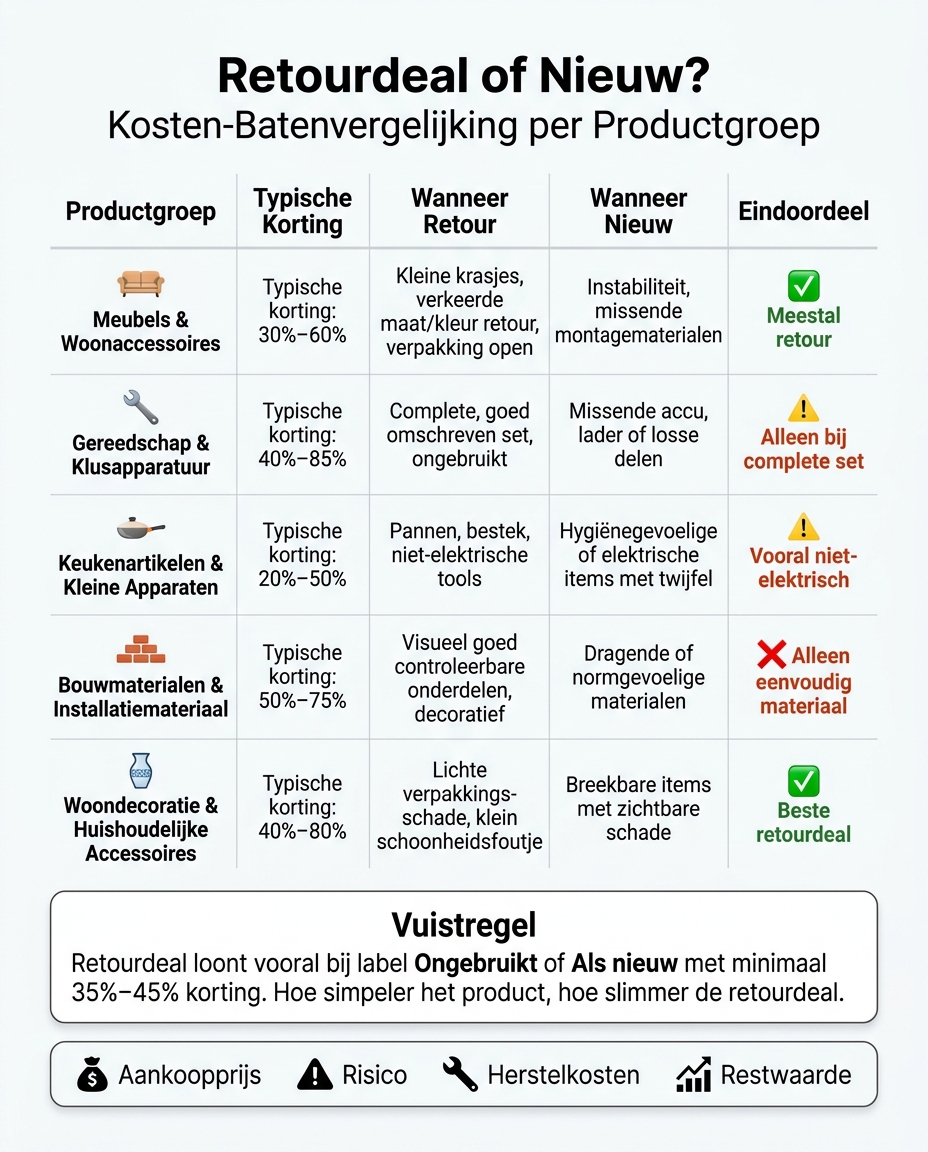 Retourdeal vs. Nieuw: Kosten-Batenvergelijking per Productgroep