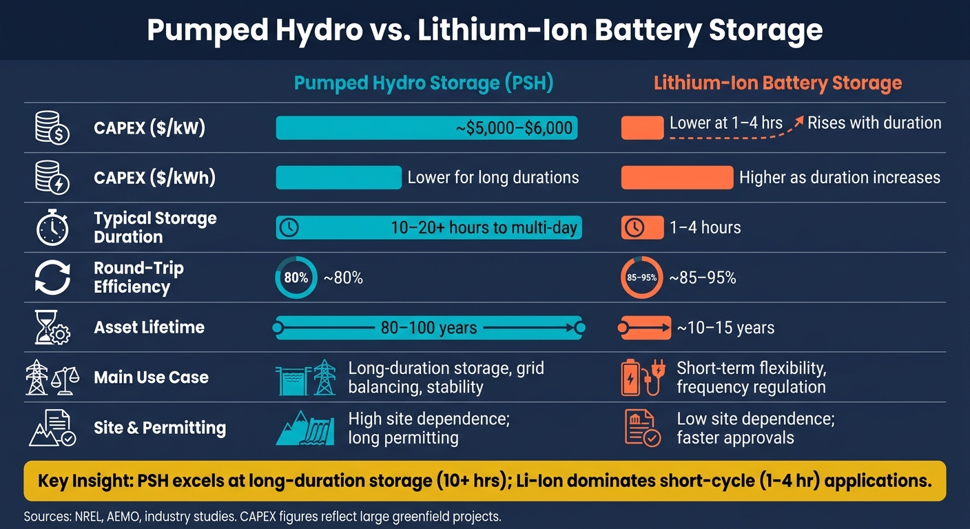 Pumped Hydro vs. Lithium-Ion Battery Storage: Cost & Performance Comparison