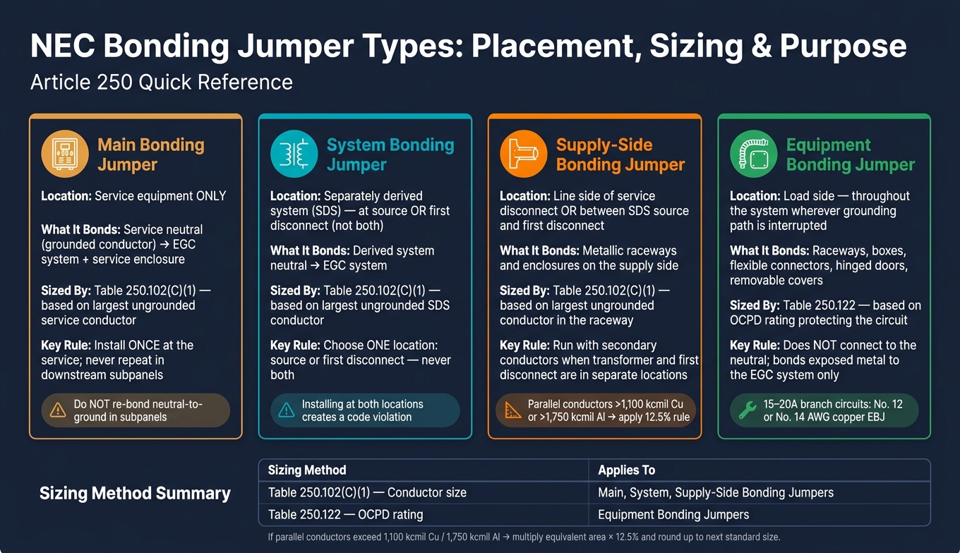 NEC Bonding Jumper Types: Placement, Sizing & Purpose at a Glance