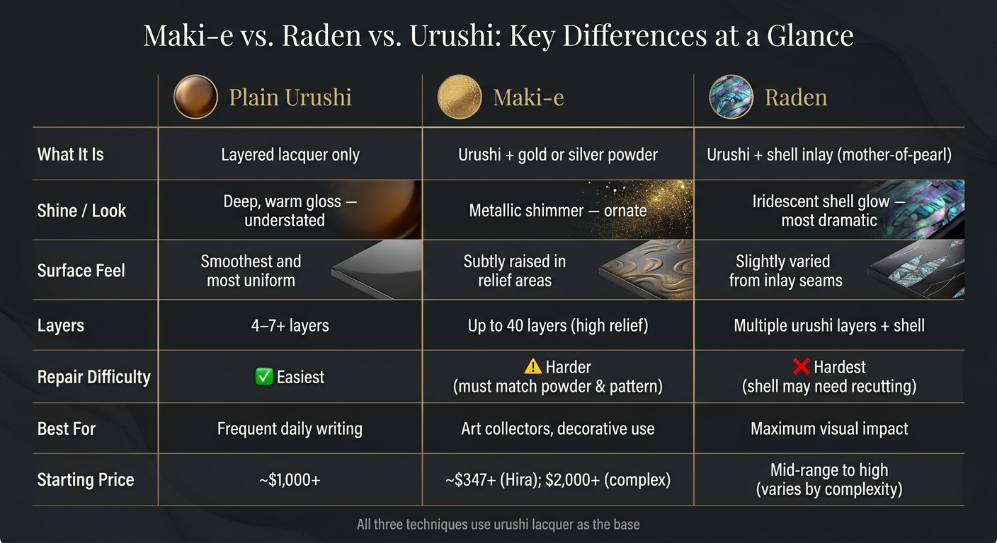 Maki-e vs Raden vs Urushi: Key Differences at a Glance
