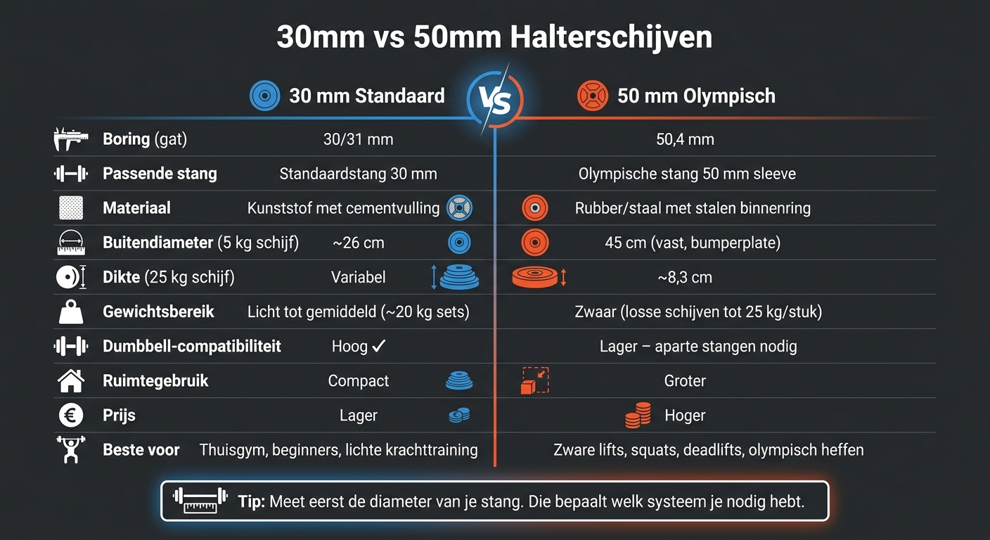 30mm vs 50mm Halterschijven: Welk Systeem Past Bij Jou?