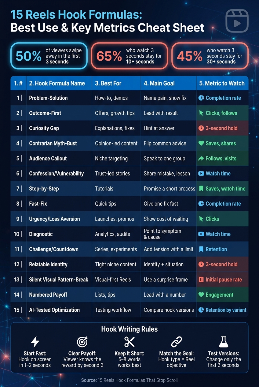 15 Reels Hook Formulas: Best Use & Key Metrics Cheat Sheet