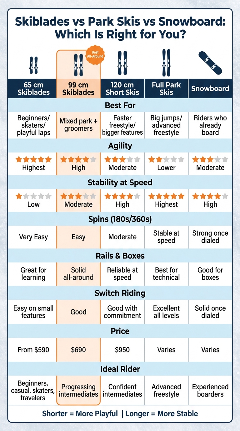 Skiblades vs Park Skis vs Snowboard: Which Is Right for You?