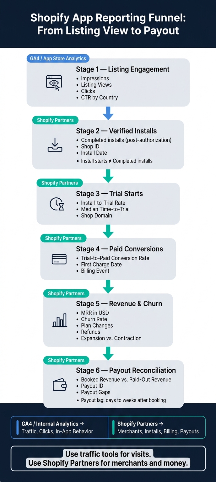 Shopify App Reporting Funnel: From Listing View to Payout