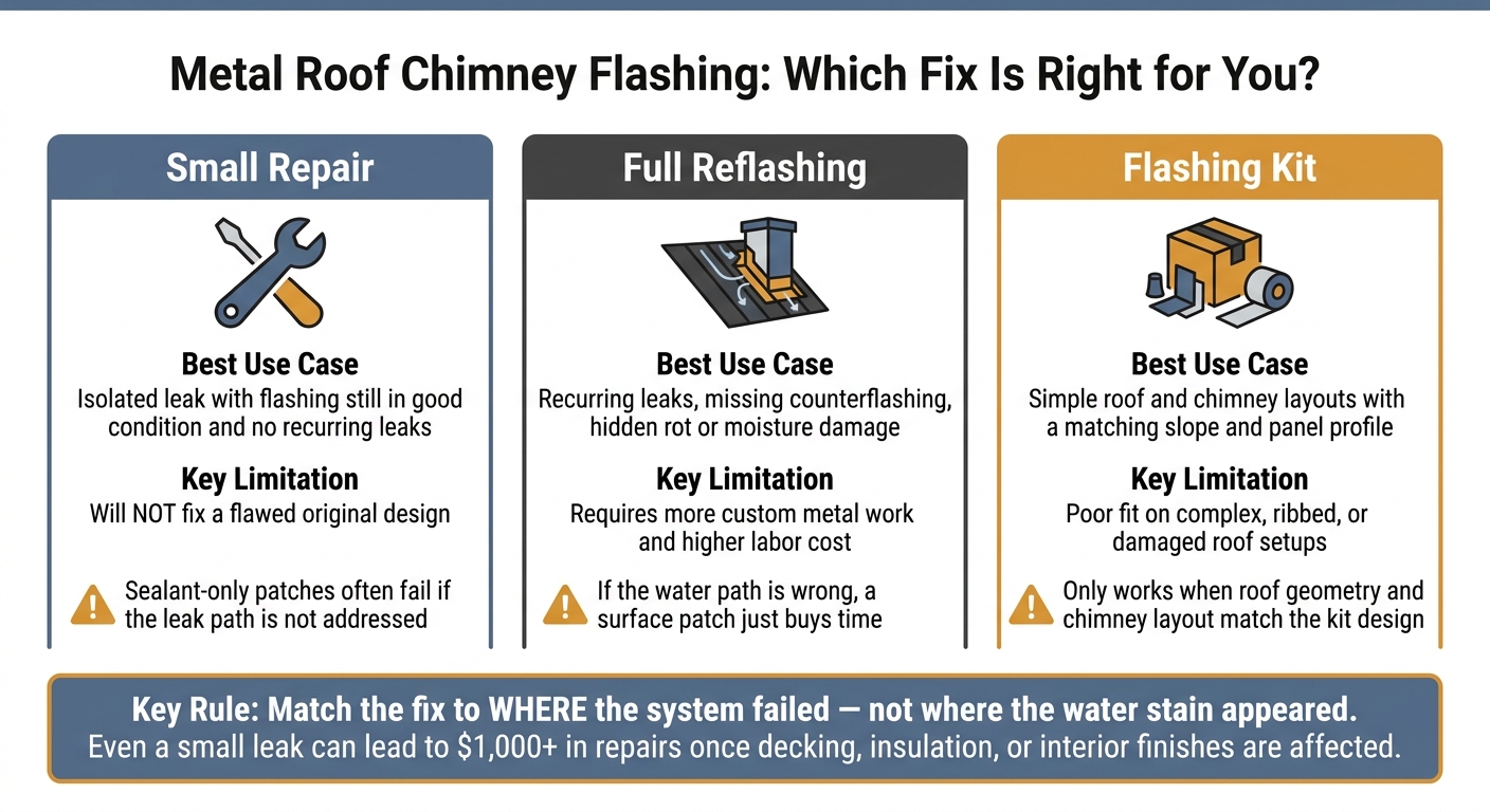 Metal Roof Chimney Flashing: Small Repair vs. Full Reflashing vs. Flashing Kit
