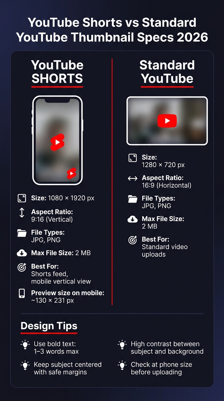 YouTube Shorts vs Standard Thumbnail Specs 2026