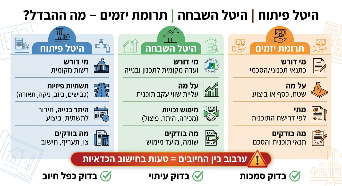 היטל פיתוח vs היטל השבחה vs תרומת יזמים – השוואה מלאה