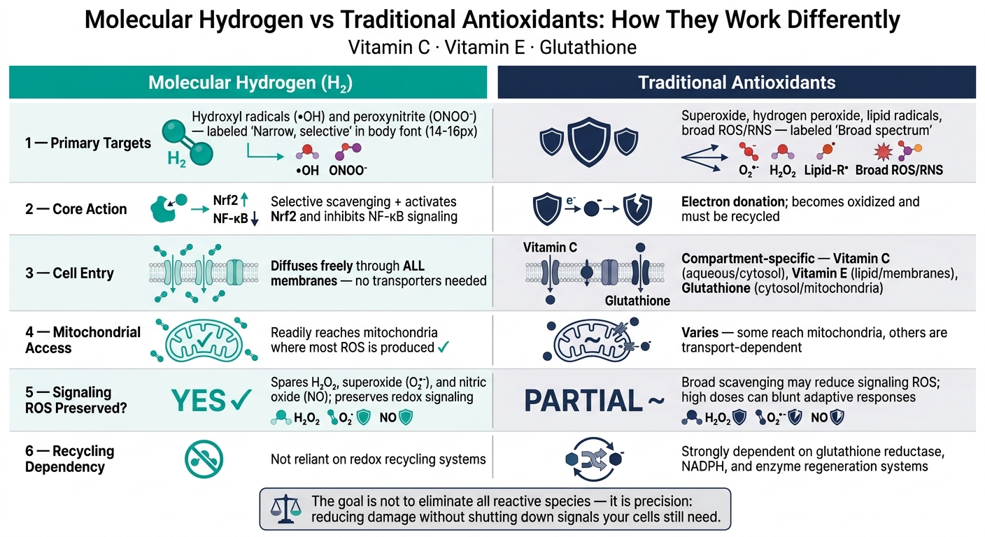 Molecular Hydrogen vs Traditional Antioxidants: Mechanism Comparison