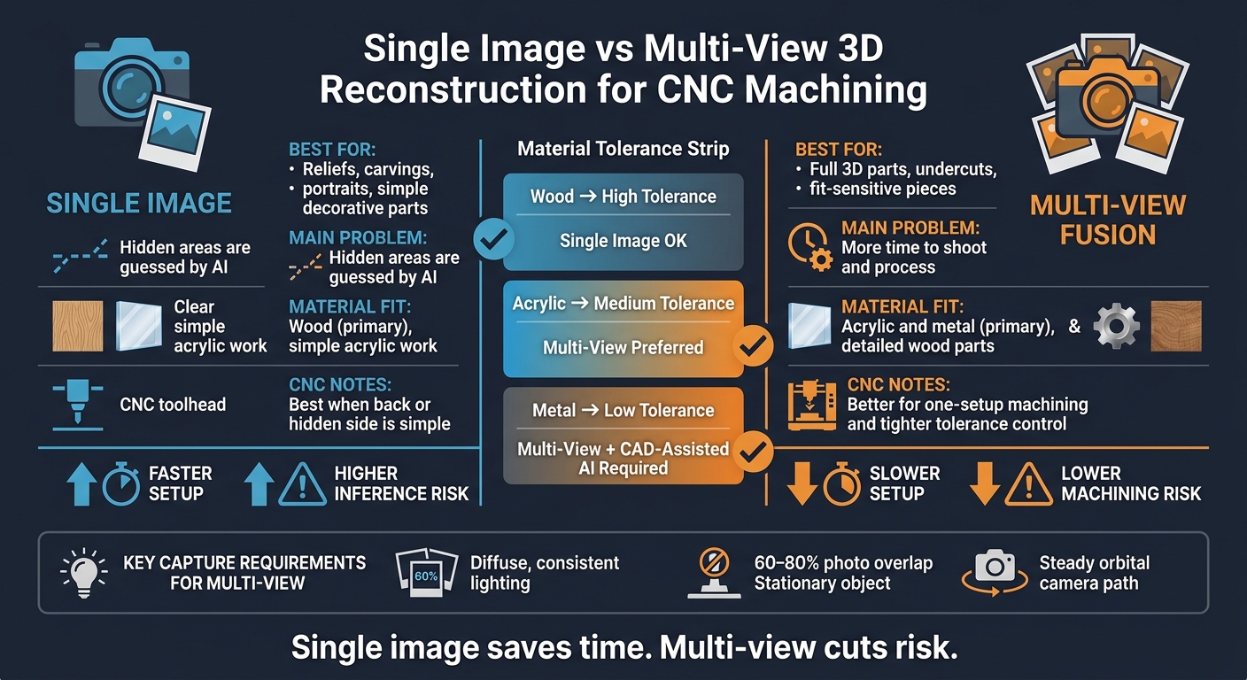 Single Image vs Multi-View 3D Reconstruction for CNC Machining