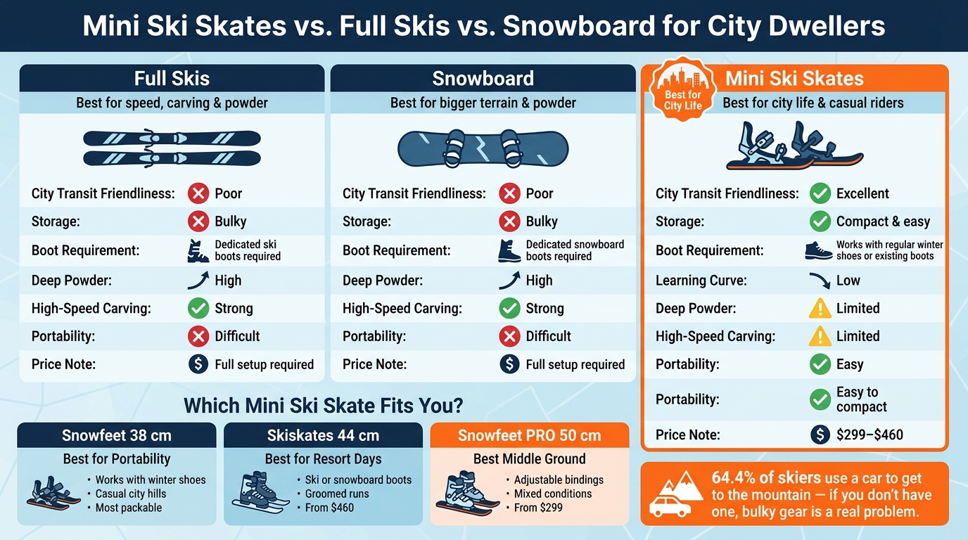 Mini Ski Skates vs. Full Skis vs. Snowboard: City Rider Comparison