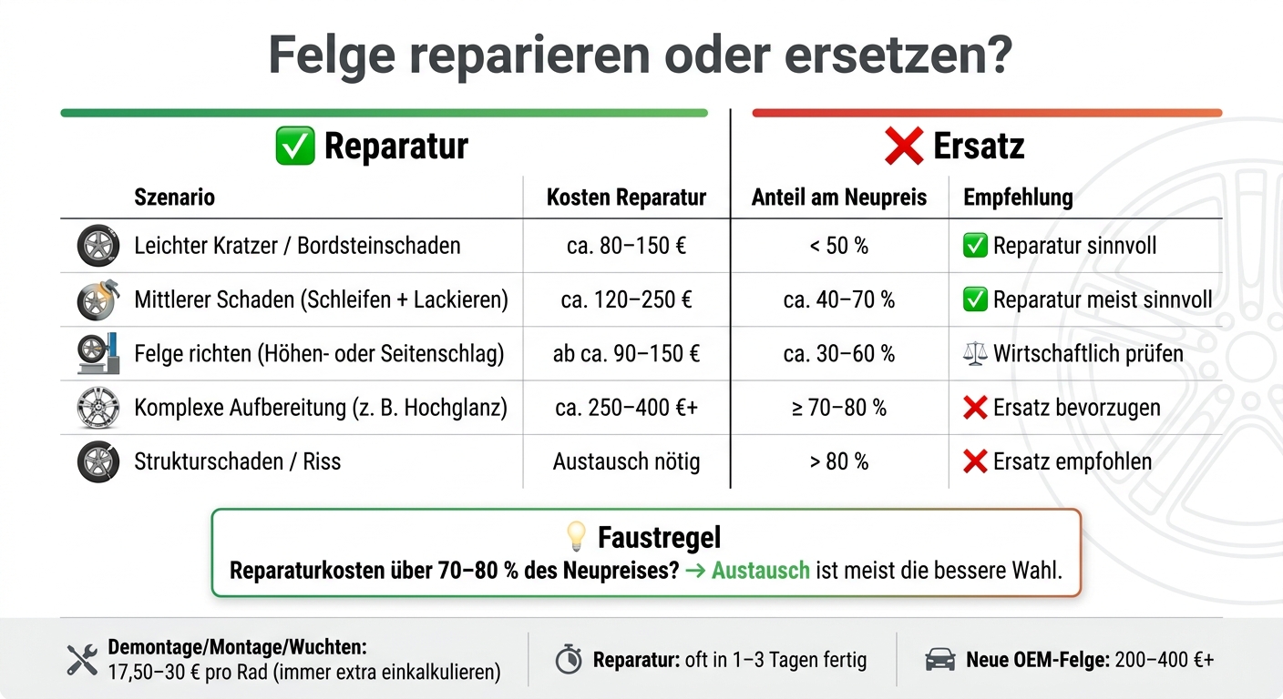 Felge reparieren oder ersetzen: Kosten & Entscheidungshilfe